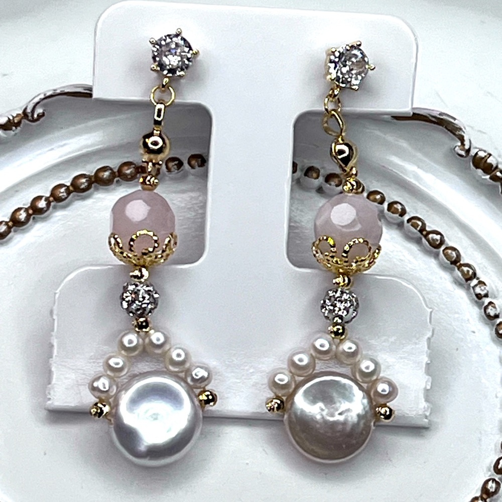 Handmade Freshwater Coin Pearl Rose Quartz Dangle Earrings S925 SS Posts
